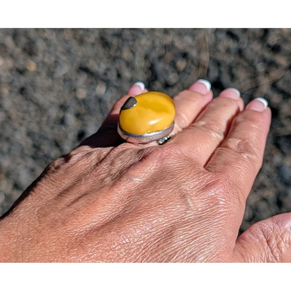 Handmade .925 Sterling Silver Baltic Butterscotch‎ Amber Ring Semi Adjustable